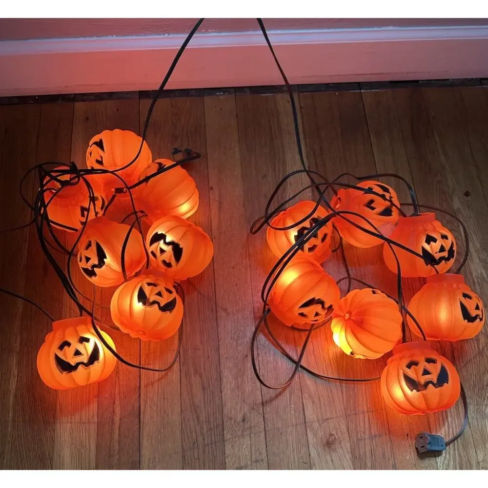 2 Sets Vintage 7 Halloween Blow Mold Pumpkin String Lights 1992